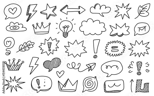 “Hand-Drawn Doodle Icons Set – Black Ink Sketches of Speech Bubbles, Symbols & Shapes in Grid Layout”