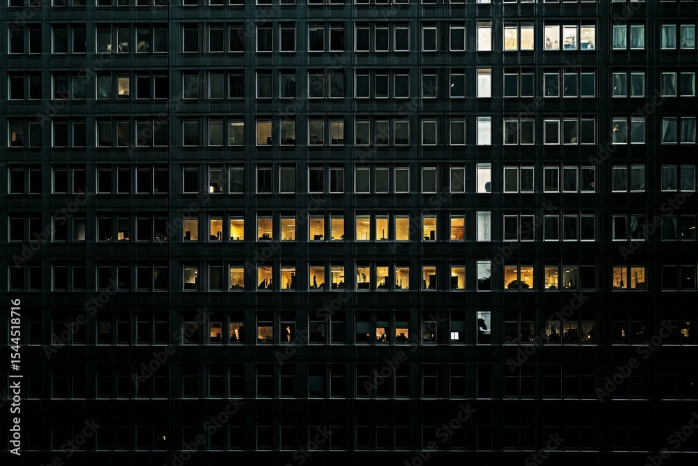 Office building at night with illuminated windows. AI generative Office building at night with illuminated windows. AI generative