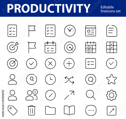 Productivity Line Icons Set , Calendar, Time Management, Checklist, Focus, Task, and More in Minimal Vector Style. 