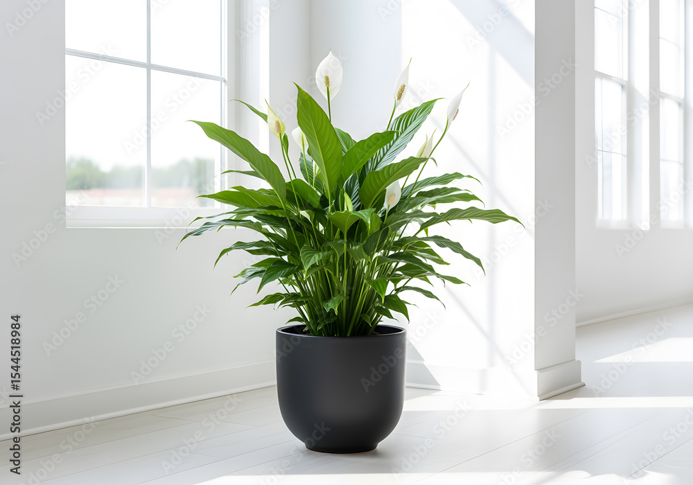 Fototapeta premium Lush peace lily in ceramic pot thrives in bright, airy room, casting dramatic shadows on clean white wall