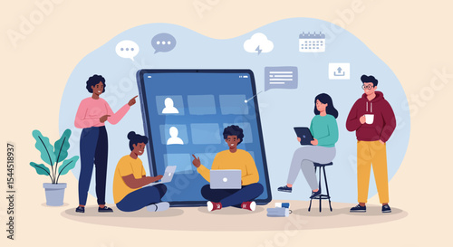 Team Connection via Tablet Flat Vector Graphic, Modern Remote Work Illustration