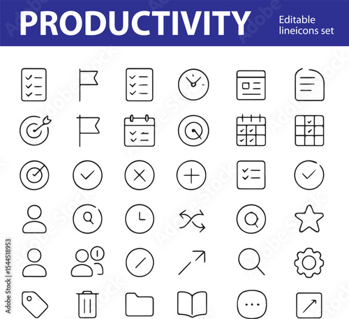 Productivity Line Icons Set , Calendar, Time Management, Checklist, Focus, Task, and More in Minimal Vector Style. 