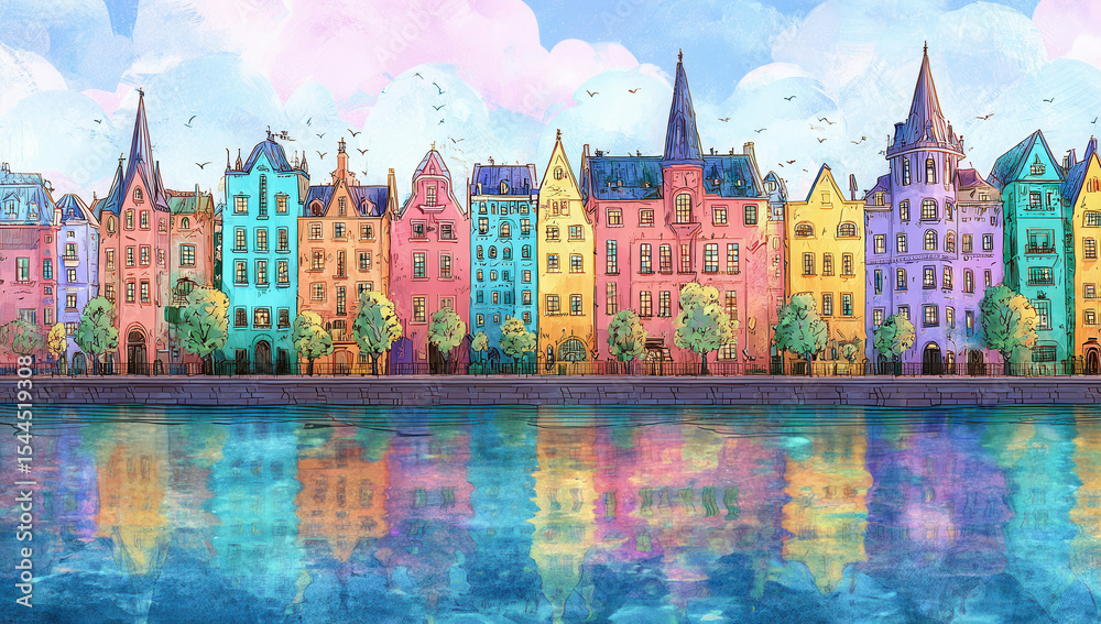 Obraz premium Vibrant watercolor cityscape with colorful buildings reflecting on the river in a whimsical fantasy setting