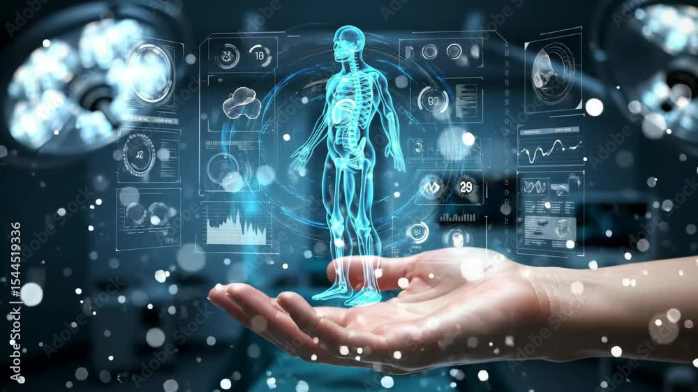 Hand holding rotating holographic human anatomy with animated medical data panels and glowing effects