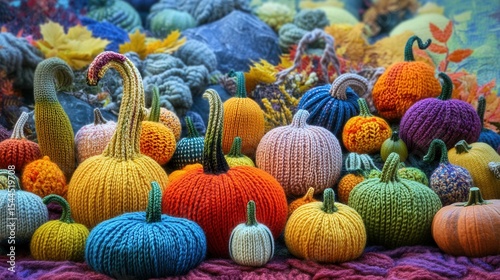 A Colorful Display of Handcrafted Knitted Pumpkins in Various Shapes and Sizes Surrounded by Autumn Foliage and Cozy Textiles