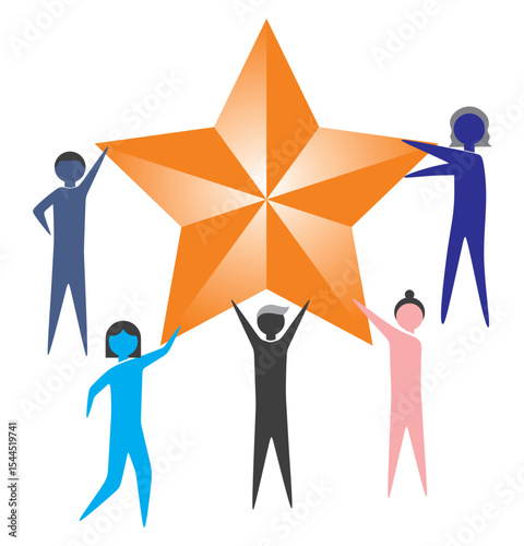 concept of success in business. vector illustration of a group of people in work suits holding up a gold star as a symbol of success in work