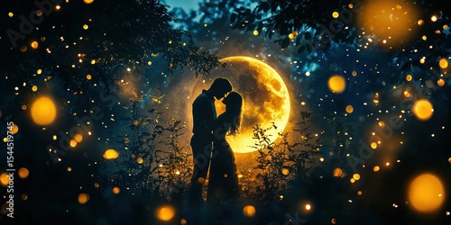 A couple kissing under a full moon with fireflies in the foreground and a serene, dark forest setting.
