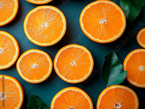 Orange slices and whole orange, shot from above, making a fun pattern on a bright aqal background.