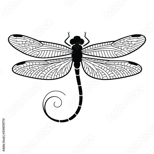 Art Nouveau Dragonfly Silhouette, Vector, Illustration, Icon, Logo, White Background.