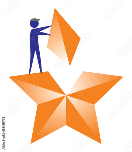 concept of success in business. vector illustration of a man in a work suit is completing a piece of gold star as a symbol of success in work