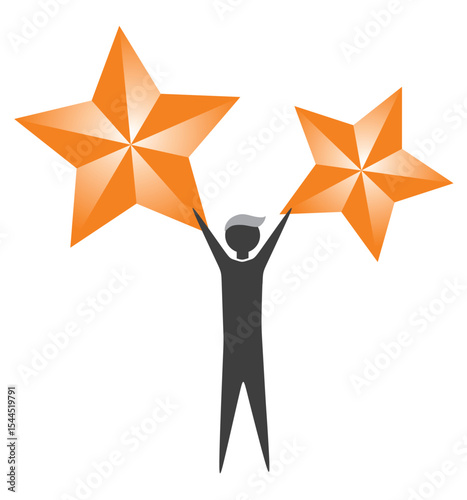 concept of success in business. vector illustration of a man in a work suit holding up a gold star as a symbol of success in work