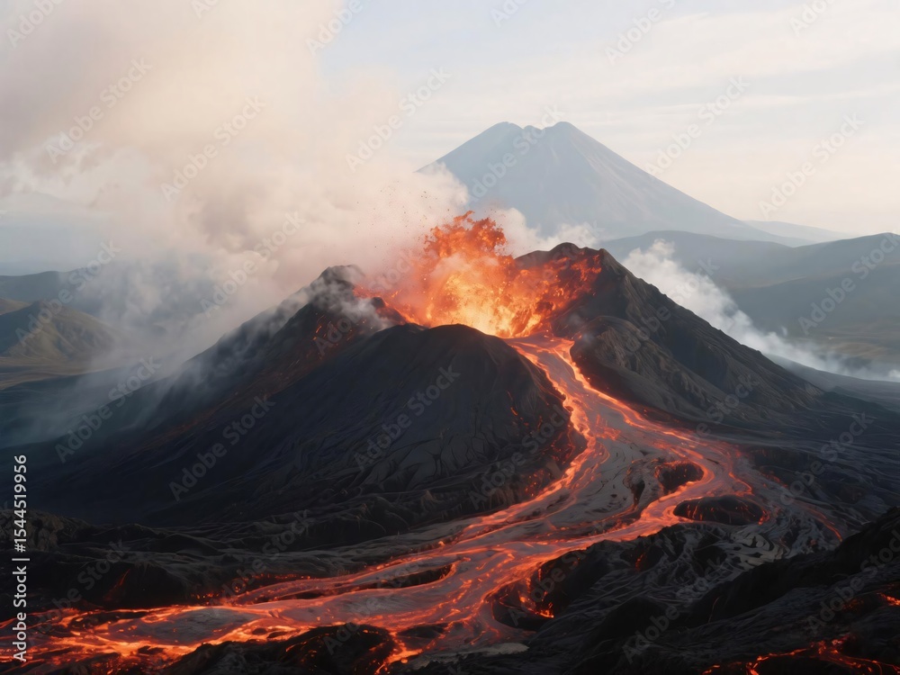 Fototapeta premium Erupting Volcano with Flowing Lava