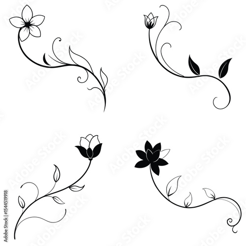 Elegant Black Floral Silhouette Set – Vector Botanical Flower and Leaf Design Collection"