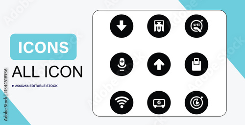 Collection of Nine Different Black and White Vector Icons on a White Background