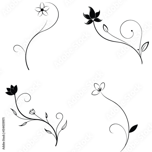 Elegant Black Floral Silhouette Set – Vector Botanical Flower and Leaf Design Collection"