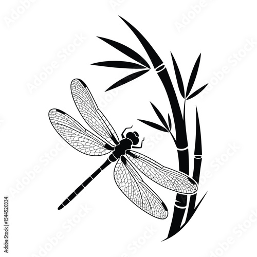 Dragonfly & Bamboo Silhouette, Vector, Illustration, Icon, Logo, White Background.