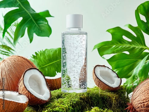 clear glass bottles on moss and wood, coconut leaves around, commercial photography style, white clean background, minimalist style, natural light