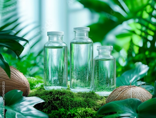 clear glass bottles on moss and wood, coconut leaves around, commercial photography style, white clean background, minimalist style, natural light