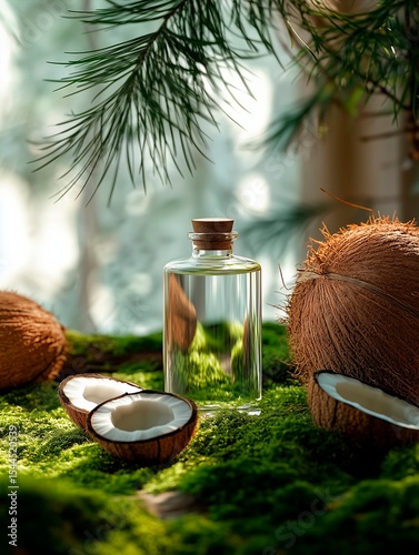 clear glass bottles on moss and wood, coconut leaves around, commercial photography style, white clean background, minimalist style, natural light