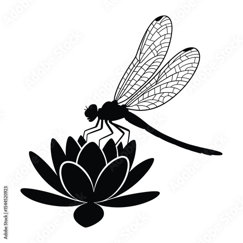 Dragonfly & Water Lily Silhouette, Vector, Illustration, Icon, Logo, White Background.