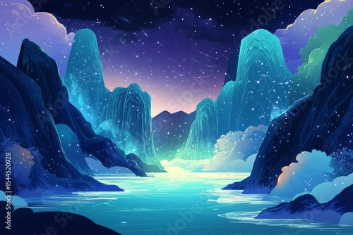 Mystical waterfalls under luminous sky at night. AI generative
