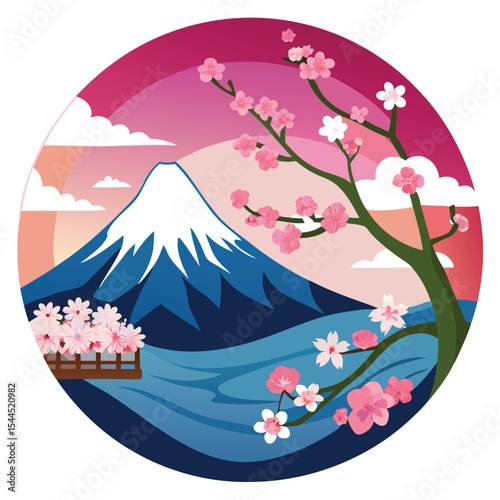 Serene Japanese Landscape with Mount Fuji and Cherry Blossoms