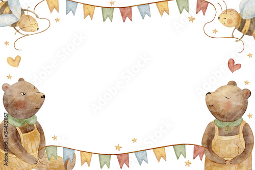 Watercolor illustration bears, honey bees holding party garland of flags. Children's frame hand drawn, transparent background for greeting card, children's party, baby birthday, template, poster