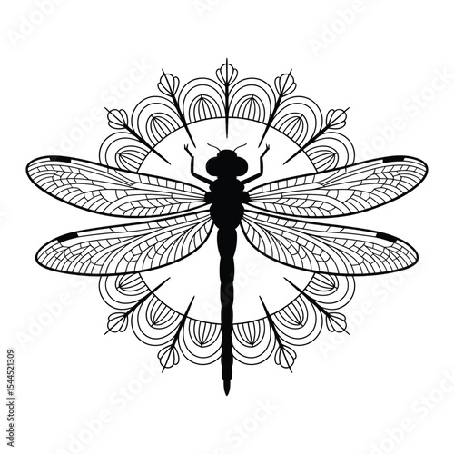 Dragonfly Mandala Silhouette, Vector, Illustration, Icon, Logo, White Background.
