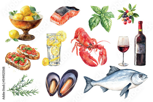 Watercolor set of Mediterranean food. Fish lemons, bruschetta, grapes, wine, mussels and products. Concept of seafood and dishes from them. Vector illustration.