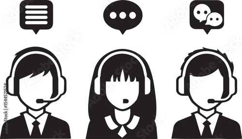 Customer Support Team Icons with Headsets and Speech Bubbles. Vector.