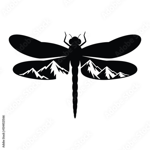 Dragonfly Silhouette with Mountains Silhouette, Vector, Illustration, Icon, Logo, White Background.