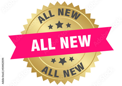 all new. all new round pink and gold label isolated on transparent background