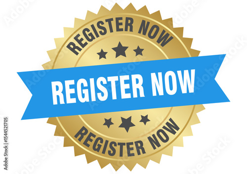 register now. register now round blue and gold label isolated on transparent background