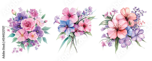 Set of pink watercolor bouquets png. Watercolor floral arrangements of pink, purple and blue flowers decorated with green leaves. Wedding design concept. Watercolor botanical illustration.