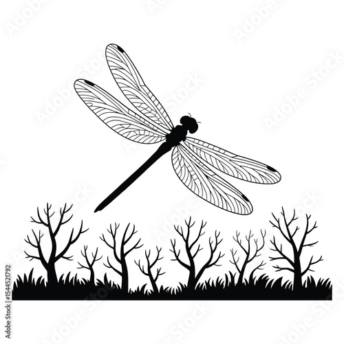 Dragonfly Silhouette with Trees Silhouette, Vector, Illustration, Icon, Logo, White Background.