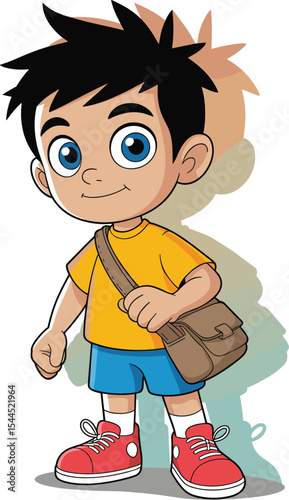 Cute Cartoon Boy Student Character with a Satchel Bag and Spiky Hair, Standing Happily, Ideal for School Themes, Children's Education, and Youth-Related Design Projects.