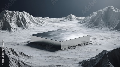 A silver podiumsurrounded by the lunar surface. The background is a surrealistic style of snow-capped mountains, rendered using Cinema 4D, with a glass-like feel and created using Octane Render,