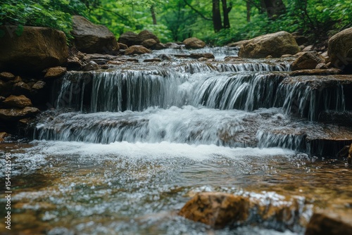 A serene small waterfall cascades over rocks in a lush green forest setting.