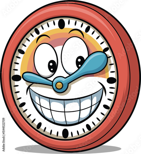 Happy Red Cartoon Clock Character with a Big Smile and Wide Eyes, Symbolizing Punctuality, Time Management, and the Joy of Staying on Schedule in a Fun and Engaging Way.