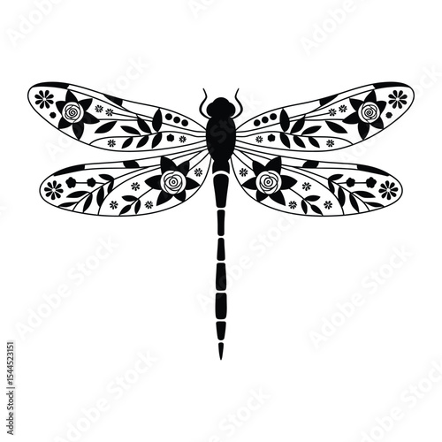 Floral Dragonfly Silhouette, Vector, Illustration, Icon, Logo, White Background.