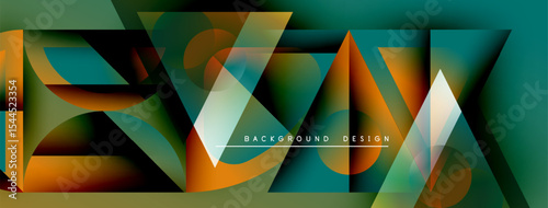 Abstract geometric shapes overlap, creating vibrant color gradients. Design features teal, orange, white hues. Modern background element.