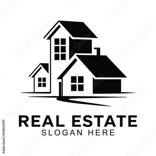 Modern Real Estate Logo: Three Houses, Black and White