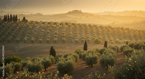 Golden Tuscan hills with olive groves, cypress trees, villa at sunrise. Rolling countryside, agricultural landscape, Mediterranean rural concept