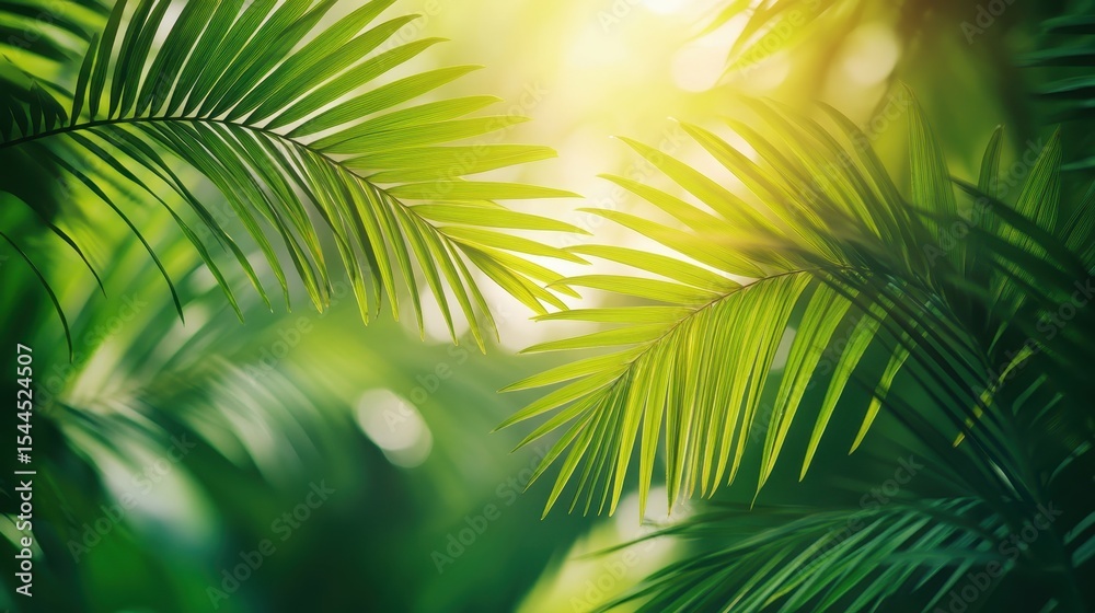 Obraz premium Lush green palm leaves bathed in sunlight create a tropical ambiance. Great for backgrounds, health, wellness, travel, or natural products.