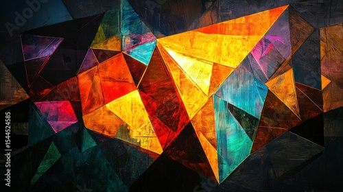 A vibrant, abstract geometric pattern with a mix of warm and cool colors, featuring a blend of orange, yellow, blue, and black, set against a dark, textured background.