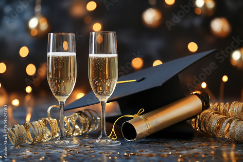 Graduation party table arrangement featuring a cap, diploma, champagne glasses, and golden decorations