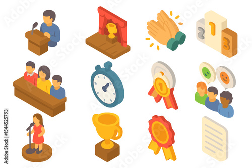 Isometric icons of speech and awards with diverse people and trophies