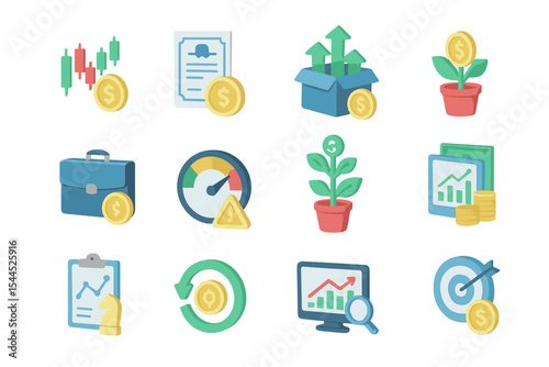 Business growth symbols including graphs, coins, and strategic tools