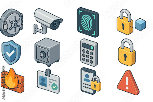 Security icons set: locks, camera, safe, firewall, fingerprint, warning