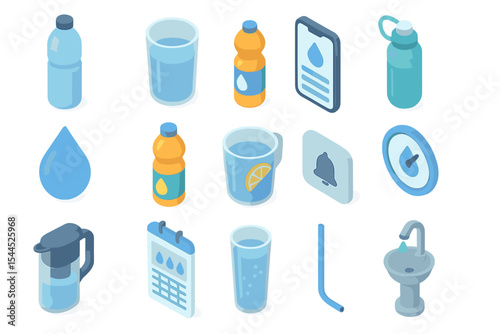 Set of water and hydration related icons in isometric style